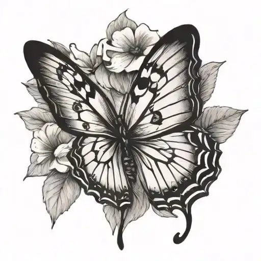 Butterfly With Left Wing In Flower And Right Wing Simple