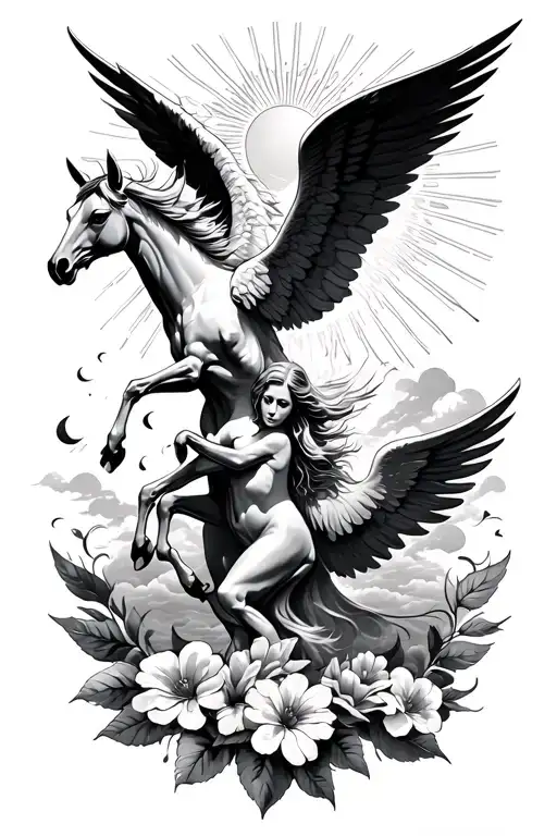 Pegasus And Angel With Flowers And Sun Rays And Clouds