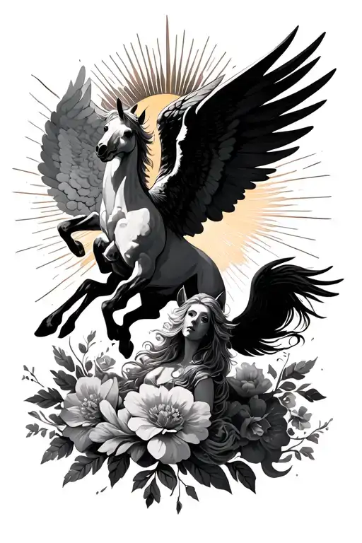 Pegasus And Flying Angel With Flowers And Sun Rays And Clouds