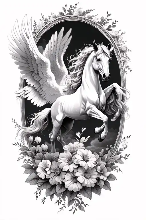 Pegasus Horse With Wings Flying In The Sky With Flowers And An Angel