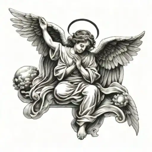 Angel Praying Flying With A Lot Of Details And Sky