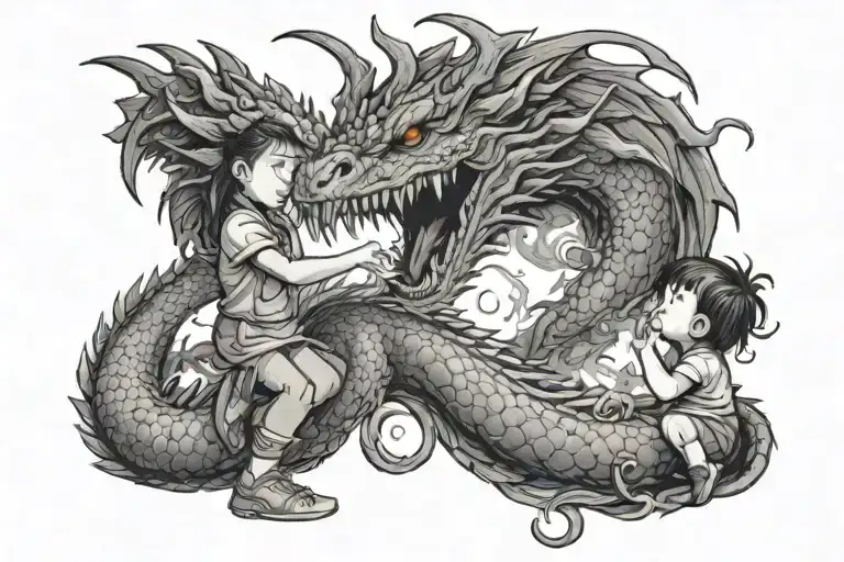 Small Girl Is Controlling Big Dragon Breathing Fire