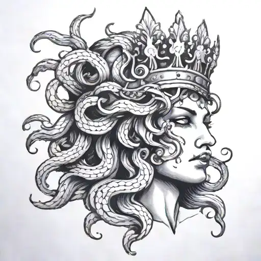 A Beautiful Medusa's Severed Head With Black Glowing Eyes And A Crown