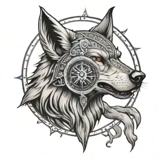Viking Wolf Head Compass Surrounded