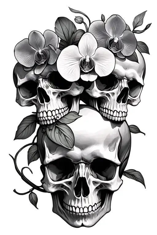 2 Skulls With Orchids Intertwined