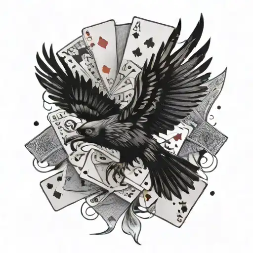 Crow Flying With Playing Cards Falling Around It