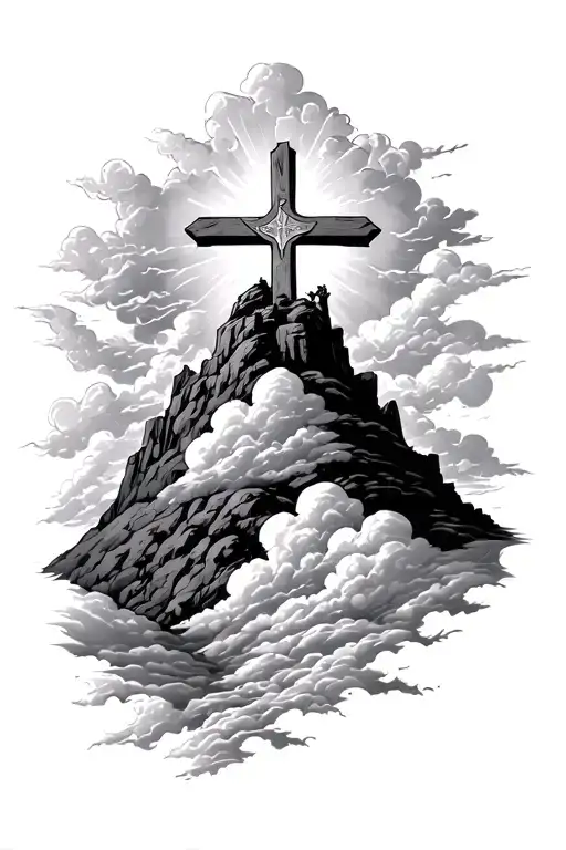 Christian Cross On Hill With Clouds And Nore Religous Peices