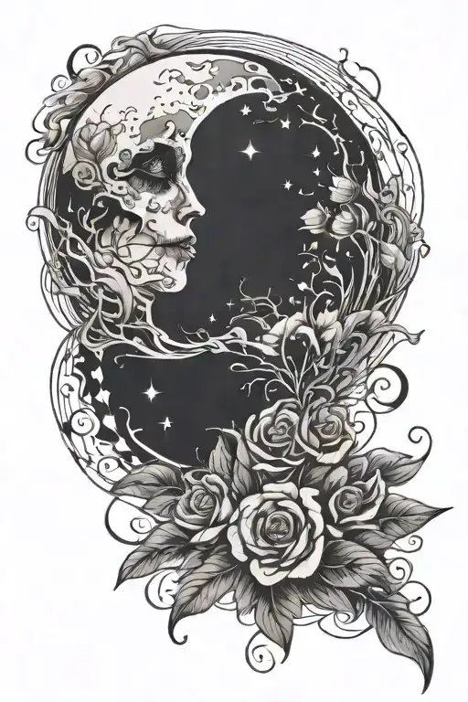 Flowly Lines With A Moon Surrounded