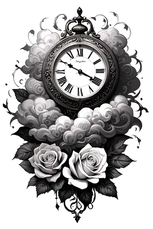 Clouds Around Clock And Roses Wrapped Together
