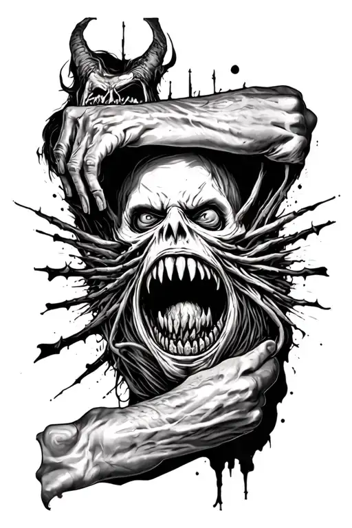 Horror Evil Demonic Toothy On Forearm Sleeve Featuring A Collage