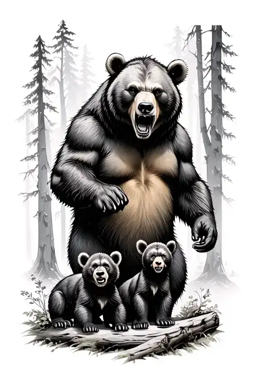 Angry Bear With Cubs In Forest