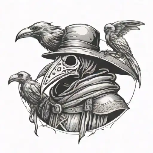 Plague Doctor With Bird Skulls On His Shoulders And A Torso In Bloody Bandages