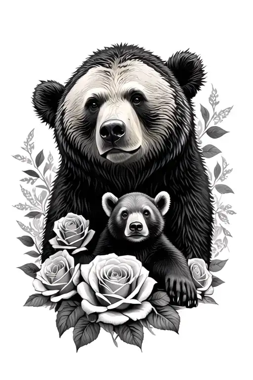 Bear With Cub Surrounded By Roses