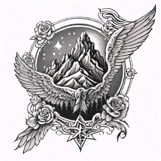 Angle Wings With A Mountain Background And Stary Sky Girly