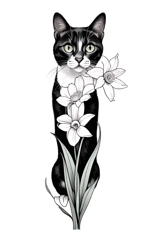 Fine Line Tatoo Of Daffodil Flower With Cat