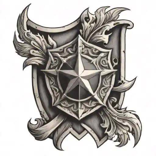 Woodcarving Style Tattoo Of A Shield With A North Star On It
