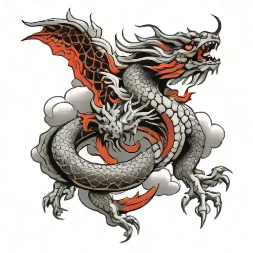 Japanese Dragon Wrapped Around The Arm With Japanese Style Clouds In Red