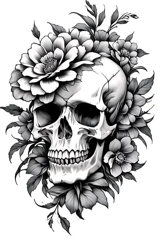 Fine Lines Flowing Skull Flower Intertwined