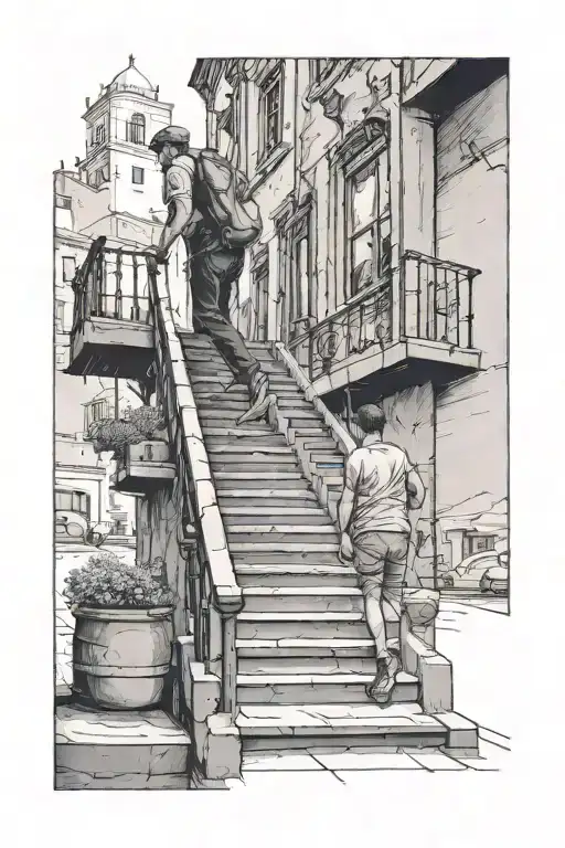 Guy Walking Up On Stairs And Looking Back At The People He Has To Leave Behind