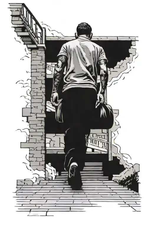 Guy Walking Up On Stairs And Looking Back At The People He Has To Leave Behind