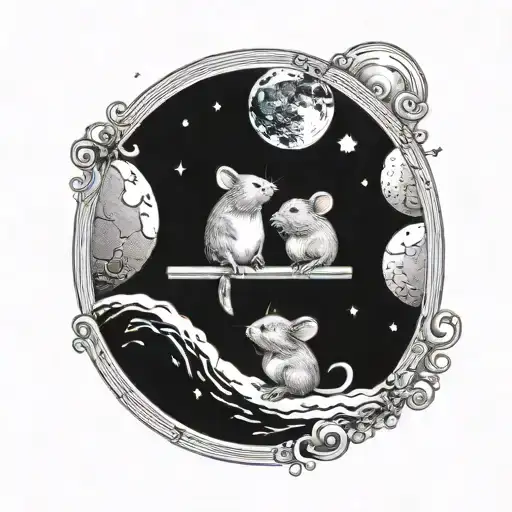 Two Mice Sitting On A Bench On The Moon Looking At Earth