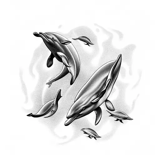 A Black-grey Tattoo Depicting A Serene Ocean Scene With A Ceo Swimming Alongside Dolphins