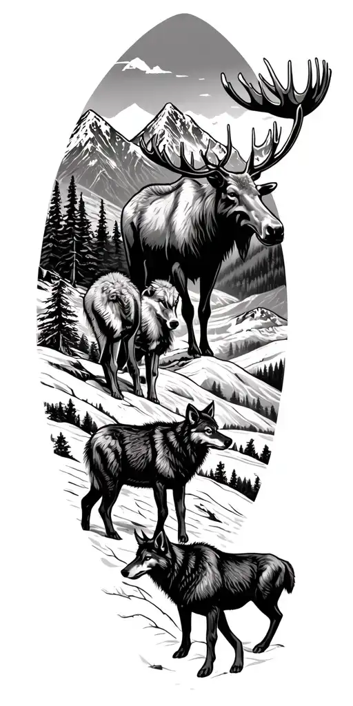 Moose Overlooking Mountain Scene With Wolves Underneath