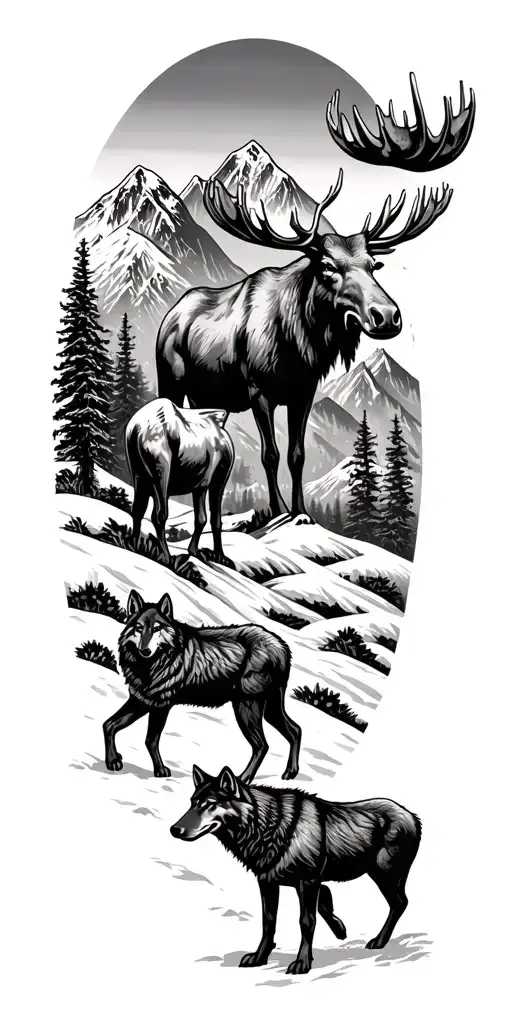Moose Overlooking Mountain Scene With Wolves Underneath