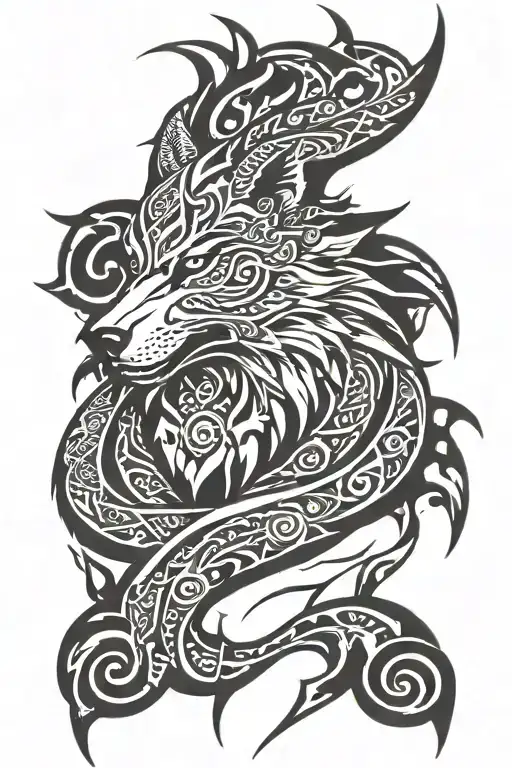Tribal Wolf Head Merged With A Tribal Dragon Wrapped With Musical Notes In The Wolf And Dragon