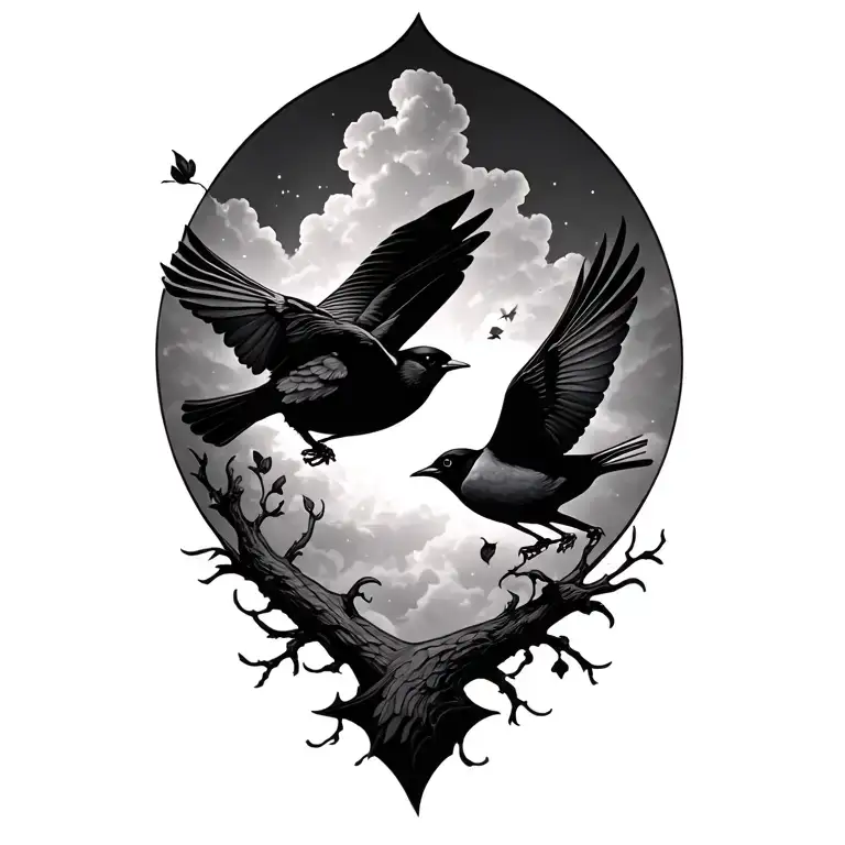 Blackbird And Magpie Flying