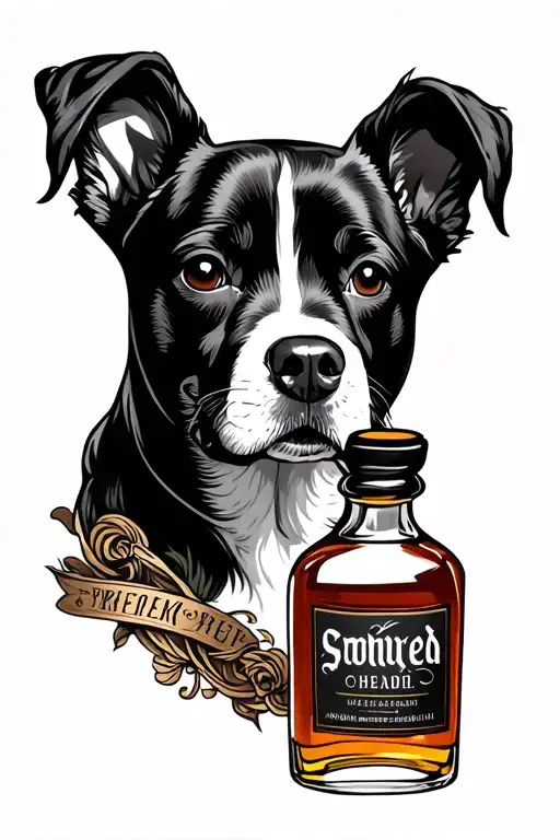 Traditional Style Tattoo Of A Whiskey Bottle With A Black And White Dogs Face