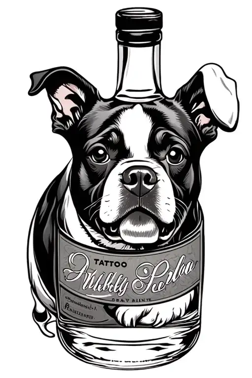 Traditional Style Tattoo Of A Whiskey Bottle With A Black And White Dogs Face On The Label
