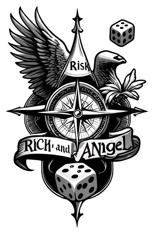 A Tattoo Sleeve From The Elbow Downwards With Compass And Dice Where It Says Risk Rich And Angels