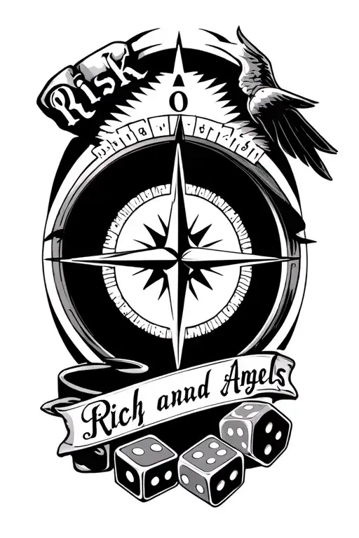 A Tattoo Sleeve From The Elbow Downwards With Compass And Dice Where It Says Risk Rich And Angels