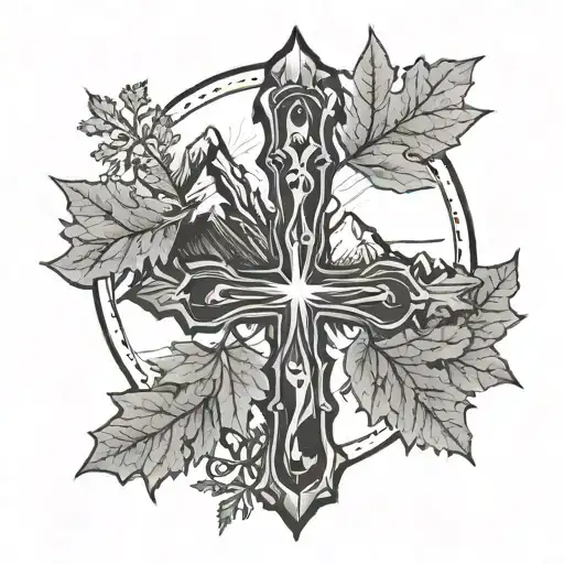 Cross With Mountains Surrounded By Maple Leaf