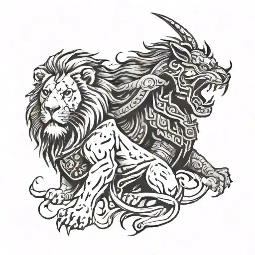 Realism Lion And Asian Warrior Theme