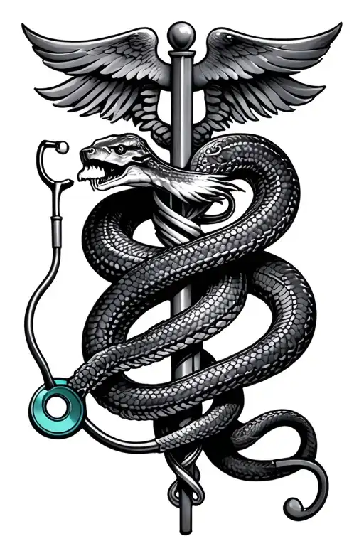 Powerfull And Majestic Snake Around A Rod Of Caduceus With A Stethoscope And Hearth