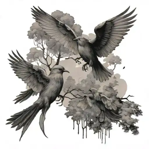 Birds Flying Over The Figure In The Background Forest And Before The War