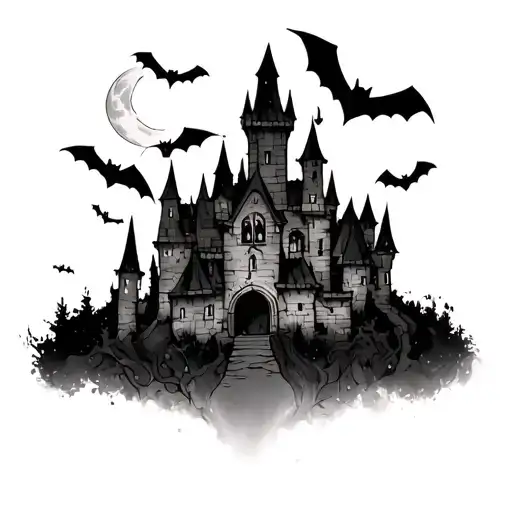 A Midevil Castle With Bats And Moon