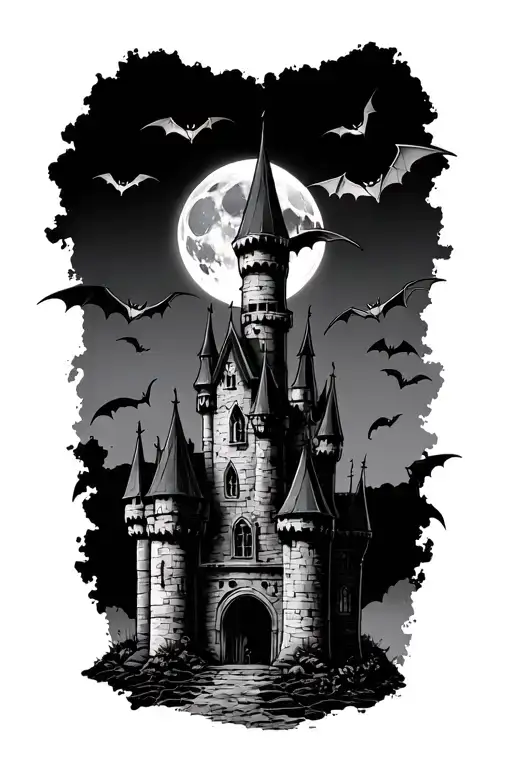A Midevil Castle With Bats And Moon