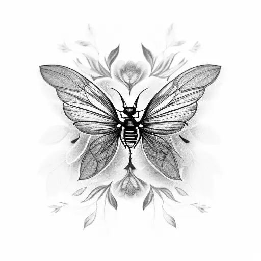 A Black And Grey Tattoo Of A Bug With Wings Made Of Delicate Flower Petals