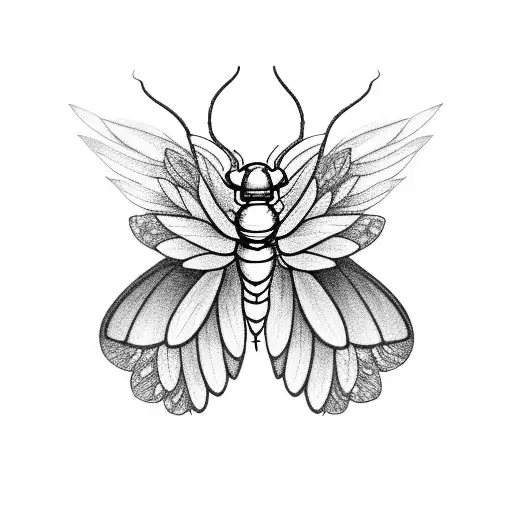 A Black And Grey Tattoo Of A Bug With Wings Made Of Delicate Flower Petals