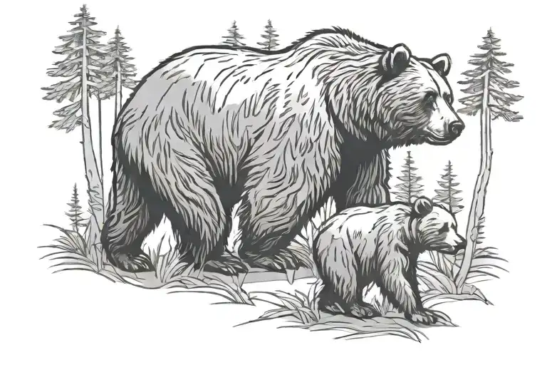 Bear With Its Cub Walking Through A Forest Scene