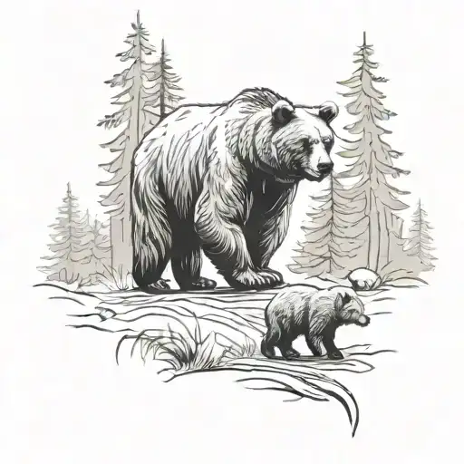 Bear With Its Cub Walking Through A Forest Scene