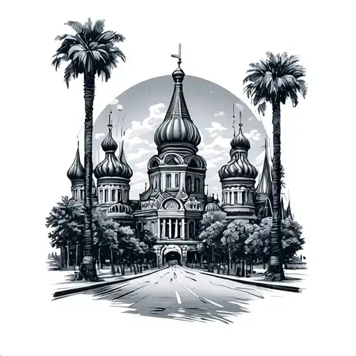 Palm Trees Buildings Roads Casino Or Russia Country Outline