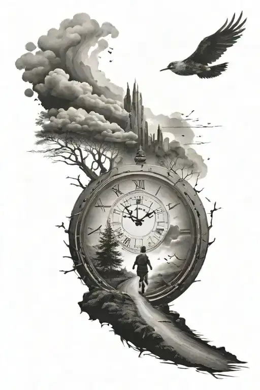 Clock At The Bottom With A Boy Walking On A Road Towards The Sky