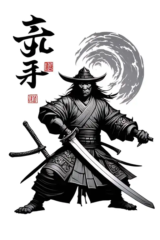 Samurai And Sword With Warrior Kanji Symbol