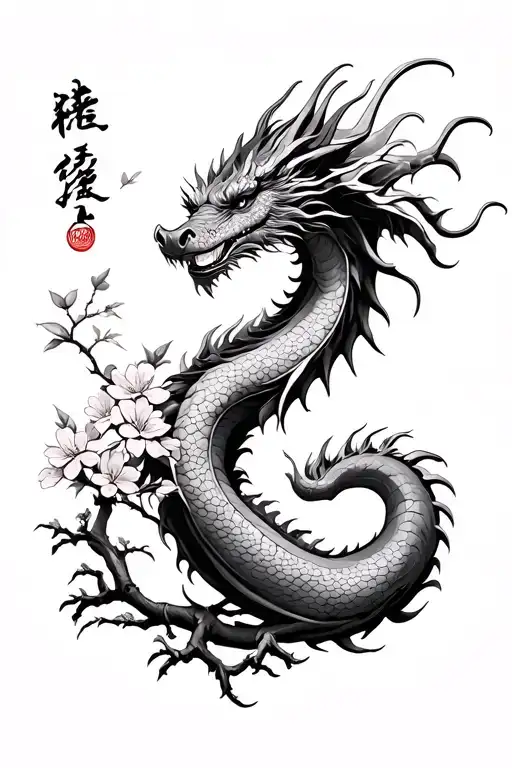 Earth Wood Dragon With Cherry Blossom Tree