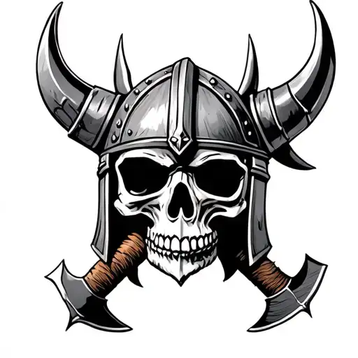 Viking Skull With Helmet Ashes With 2 Hatchets