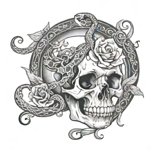 Skull With Snake And Moon And Flowers